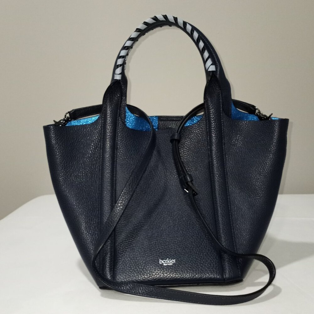 BOKTIER NAVY BLUE LEATHER BUCKET BAG WITH CROSSBODY DETATCHABLE STRAP